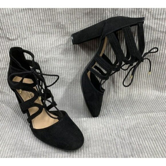 Christian Siriano Kameo Black Round Toe Ghillie Lace Up Block Heels Shoes 8 W - Picture 1 of 8